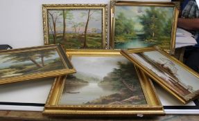 A collection of gilt framed oil on canvas paintings: woodland/waterside scenes, size of largest 61cm