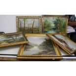 A collection of gilt framed oil on canvas paintings: woodland/waterside scenes, size of largest 61cm