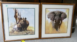 Two David Shepherd framed prints: Rhino's in the wild and one of an Elephant (2)