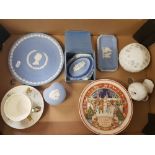 A collection of Wedgwood items to include: boxed tri colour jasper ware trinket box, jasper plate,