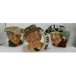 Royal Doulton Large Character Jugs: Long John Silver D6335, Jimmy Durante D6708 & The Poacher