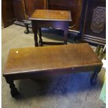 Oak small occasional table: together with an oak 'duet' footstool, footstool size 75cm x 32cm x 28cm