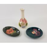 Moorcroft Pink Geranium pattern vase: together with a Mamoura pattern coaster and a Hibiscus ashtray