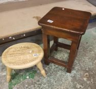 Rustic oak country house stool: together with a childs novelty stool (2).