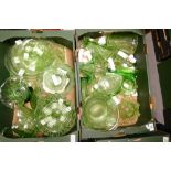 A large collection of Art Deco Green Pressed Glass Ware including: vases, bowls, desert dishes