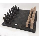 Moulded Slate Chess Board with Chess Set: Board approx 43 x 43cm.