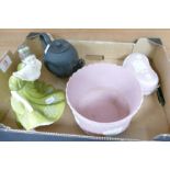 Wedgwood Black Bassalt teapot: together with pink jasperware planter and trinklet box