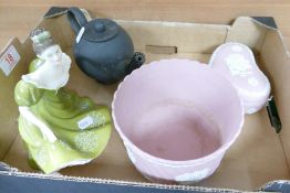 Wedgwood Black Bassalt teapot: together with pink jasperware planter and trinklet box