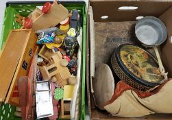 A mixed collection of vintage items: wooden children's toys, copper/brass pan et (2 trays).