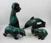 Four Canadian Blue Mountain Pottery Large Animal Figures: Dog, Dolphin & Two Bears