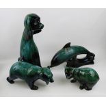 Four Canadian Blue Mountain Pottery Large Animal Figures: Dog, Dolphin & Two Bears