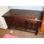 Early 20th Century carved oak coffer/blanket box: 69cm wide x 36cm deep x 42cm high.