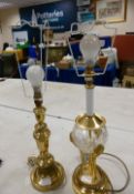 Brass & Cut Glass Crystal Lamp Base: together with similar item, height to fitting 43cm of largest