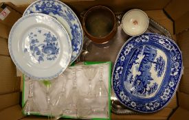 A mixed collection of items to include tin glazed plates: silver plated tray, small copper bucket