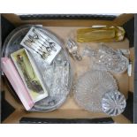 A mixed collection of items to include a ships decanter: signed glass vase, silver plated serving