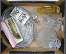A mixed collection of items to include a ships decanter: signed glass vase, silver plated serving