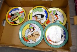 A collection of Lorna Bailey style wall plates: Hand painted by Pauline Tomkinson