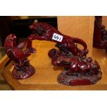 Three vintage red resin oriental figures depicting a tiger, carp and a water buffalo : 18cm