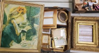 A framed print: together with an ornate gilt wood and gesso frame, plus a tray of modern frames in