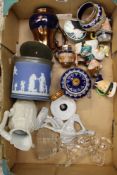 Tray of Items Doulton H/M Silver Rimmed Tea Set: Wedgwood Jasper Biscuit Barrel, Art Deco Dancing