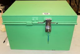 Metal lockable storage box: key present, size 40cm x 29cm x 25cm.
