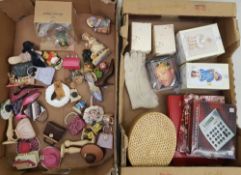 A collection of resin collectables: miniature handbags, miniature shoes, Sherratt & Simpson boxed