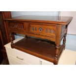 Old Charm oak coffee table: with double ended drawers and shelf below, 92cm long x 57cm deep x