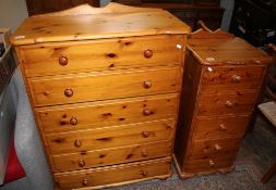 Pine chest of 6 drawers: together with matching chest of 5 narrow drawers, size of largest 80cm wide