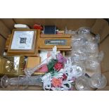 A mixed collection of items to include wooden barometer: mantle clock, flask, glasses etc ( 1 tray)