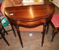 Inlaid mahogany demi lune side table: single drawer, raised on fluted supports, 82cm wide x 40cm