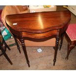 Inlaid mahogany demi lune side table: single drawer, raised on fluted supports, 82cm wide x 40cm