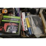 Mixed automotive items: battery charger, ratchet straps, Mercedes mud flaps, general automotive