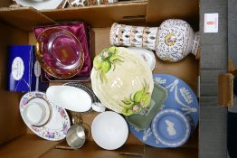 A mixed collection of items to include: Wedgwood jasper ware, damaged Clarice Cliffe bowl, Royal
