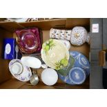 A mixed collection of items to include: Wedgwood jasper ware, damaged Clarice Cliffe bowl, Royal