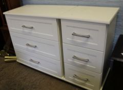 Modern painted cream chest of 3 drawers: together with a matching 3 drawer bedside chest, largest