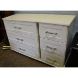 Modern painted cream chest of 3 drawers: together with a matching 3 drawer bedside chest, largest