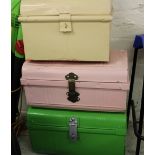 Three metal storage trunks: smallest 39cm x 29cm x 27cm (3).