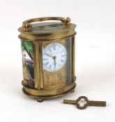 Small Carriage Clock with porcelain panels: Elliott & Son London, with key, 9cm in height approx.