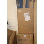 Amazon returned items: boxed Fitueyes folding shelf and 2 occasional tables.