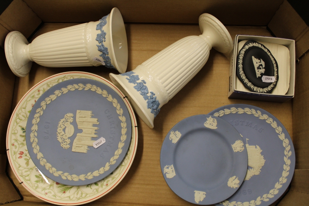 A collection of Wedgwood items to include: Queens ware pair of vases, jasper ware plates x 2,