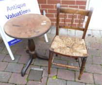 Childs size tripod tilt top table with childs rush seated chair: Both in need of some repair or