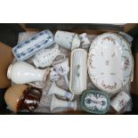 Large tray lot of mainly 19th century ceramics: Includes Doulton Stoneware, candlesticks, soap dish,