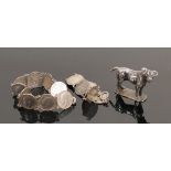Hallmarked silver dog & 2 x silver 3d & 4d coin bracelets: Dog weighs 23.5g, the bracelets
