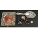 Group of sterling silver items: All items at fault, includes photo frame, mirror, condiments, coin