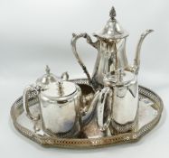 Silver plated coffee set: on a serving tray together with a teapot and hot water jug