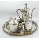 Silver plated coffee set: on a serving tray together with a teapot and hot water jug