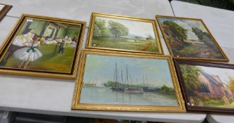 Four oil on canvas paintings together with 1 oil on board: Some signed by J.Ing of rural and