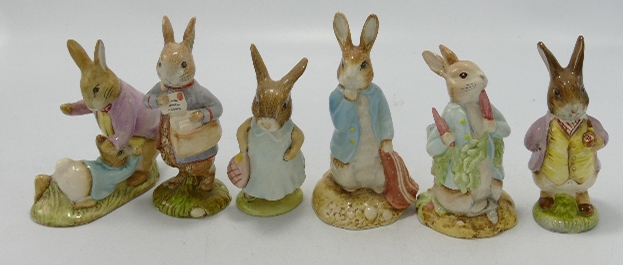 Royal Albert Beatrix Potter figures: Mr Benjamin bunny and Peter Rabbit, Peter with postbag, Mrs