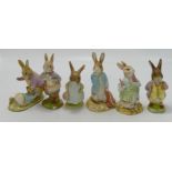 Royal Albert Beatrix Potter figures: Mr Benjamin bunny and Peter Rabbit, Peter with postbag, Mrs