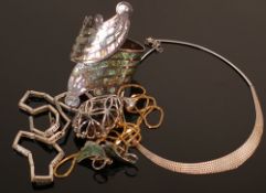 Group of sterling silver set jewellery: Includes large abalone set bangle, two necklaces, silver